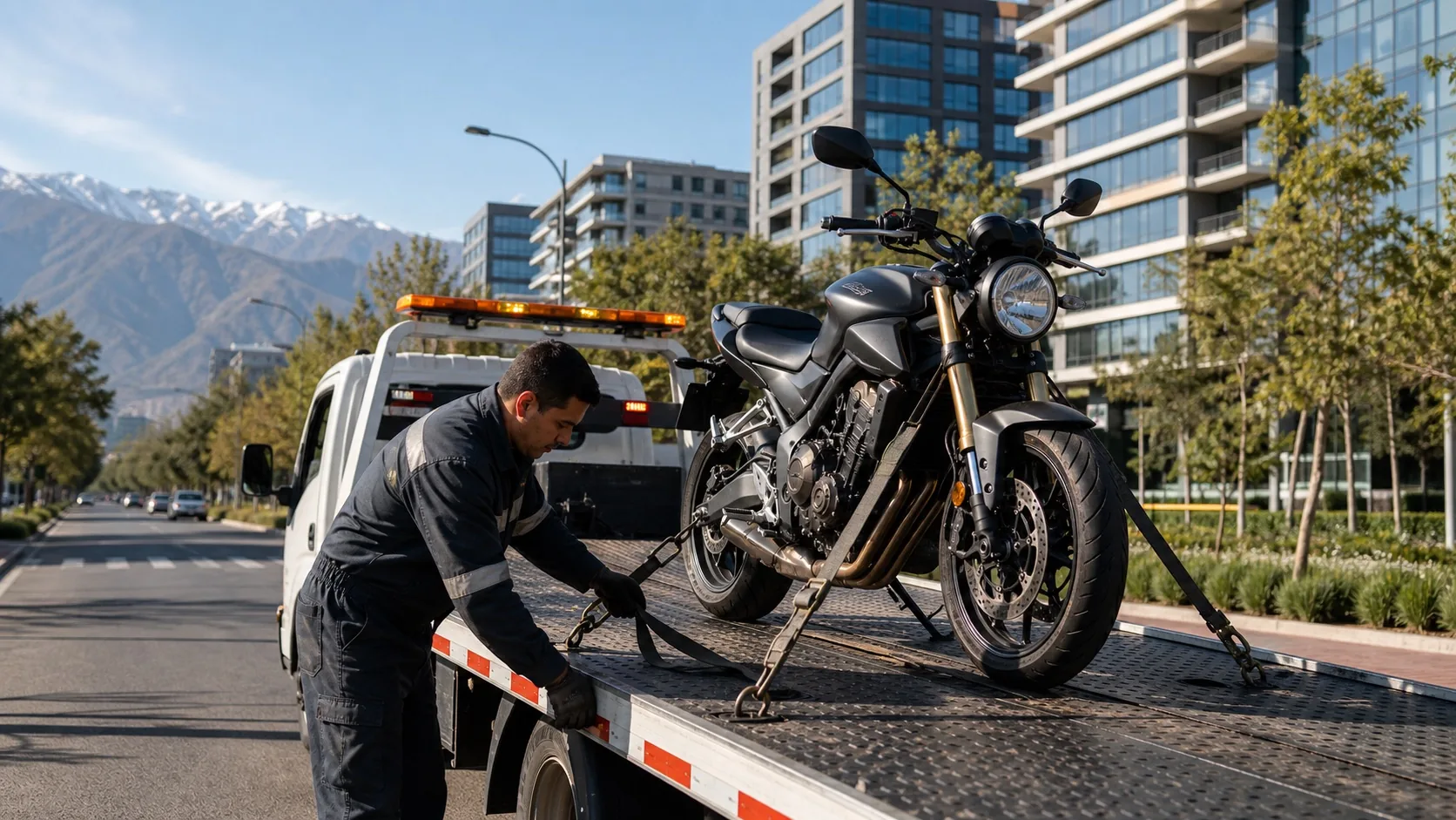 Grúa para motos en Antártica trasladando una motocicleta de forma segura